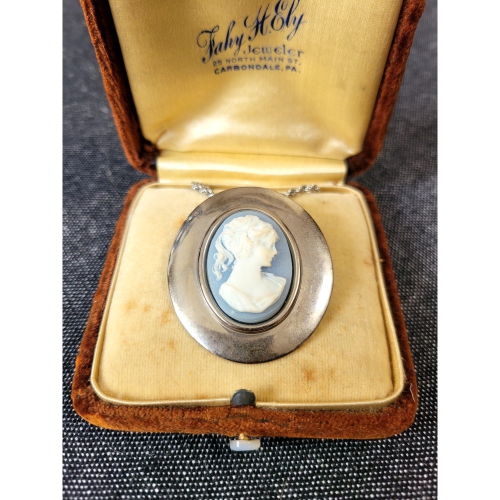 Vintage 70s Blue White Cameo Pendant Necklace Silver Tone‎ Resin Victorian